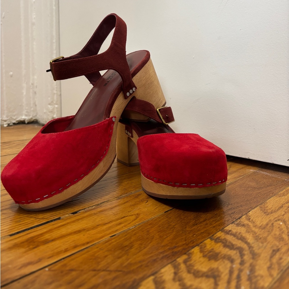 Charlotte Stone “Maud” Burgundy and Red Suede Platform Clog Sandals